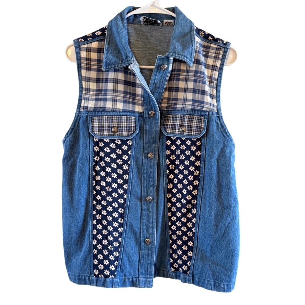 Vintage Denim Vest Size M Shelley & Arnold Mixed Media Patterned Western Cute